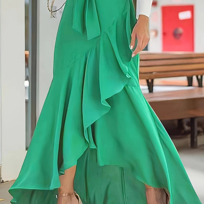 vlovelaw  Solid Ruffle Trim Asymmetrical Skirt, Elegant Belted Mermaid Skirt For Spring & Fall, Women's Clothing