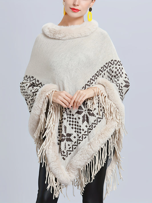 vlovelaw  Geo Pattern Fringe Hem Top, Elegant Faux Fur Trim Batwing Sleeve Cape Top, Women's Clothing