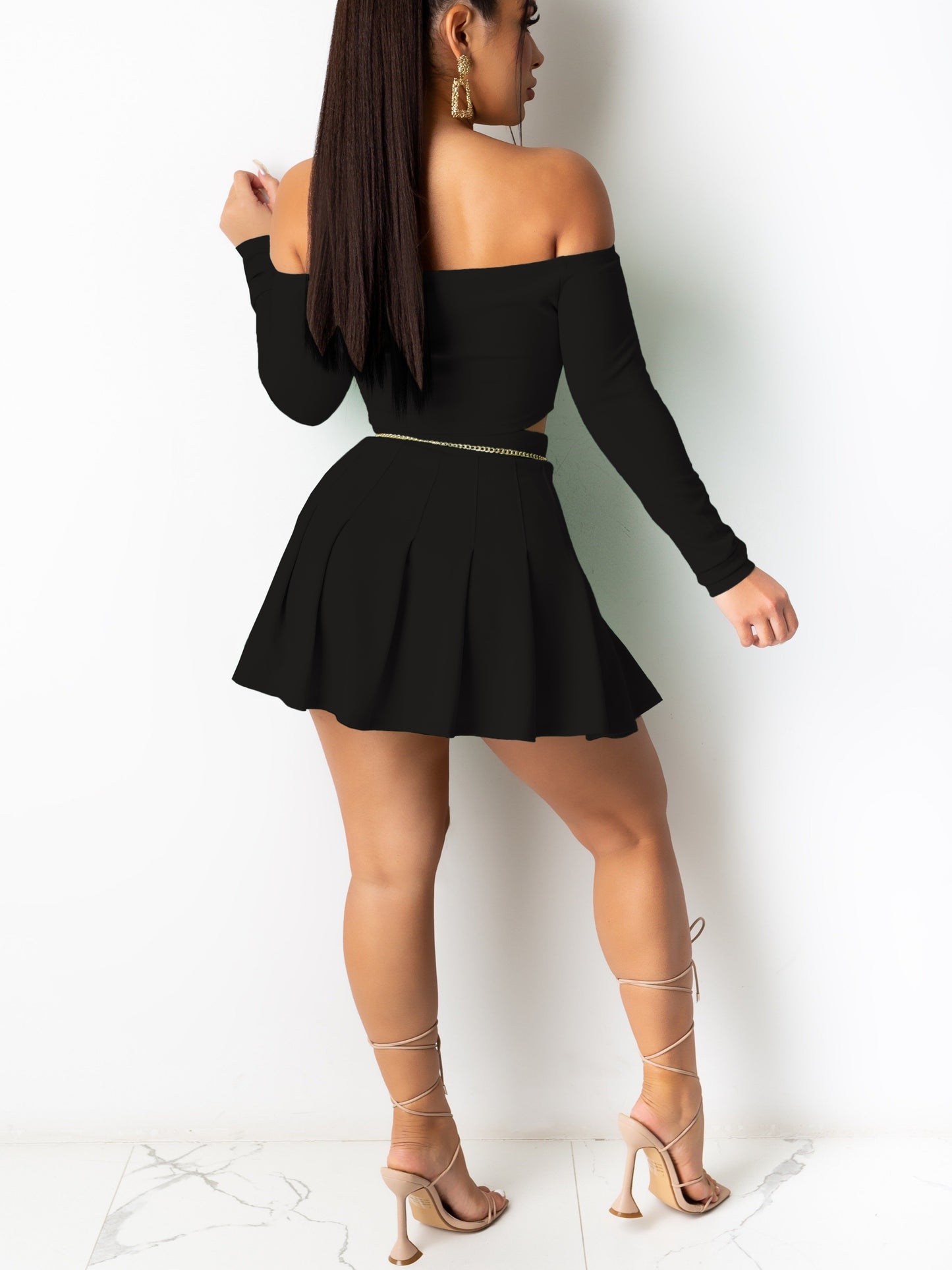 vlovelaw  Solid Elegant Two-piece Set, Off Shoulder Long Sleeve Crop Top & Pleated Mini Skirt Outfits, Women's Clothing