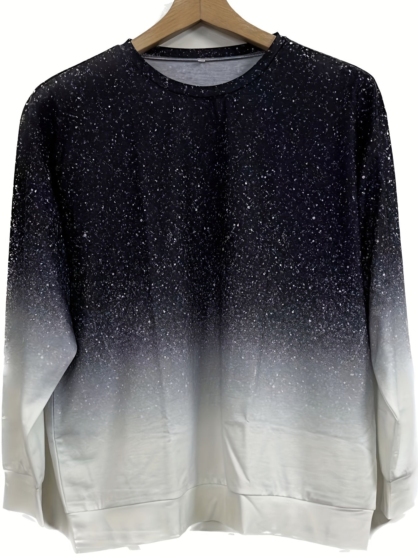 vlovelaw  Plus Size Casual Sweatshirt, Women's Plus Glitter Ombre Print Long Sleeve Round Neck Medium Stretch Pullover Top