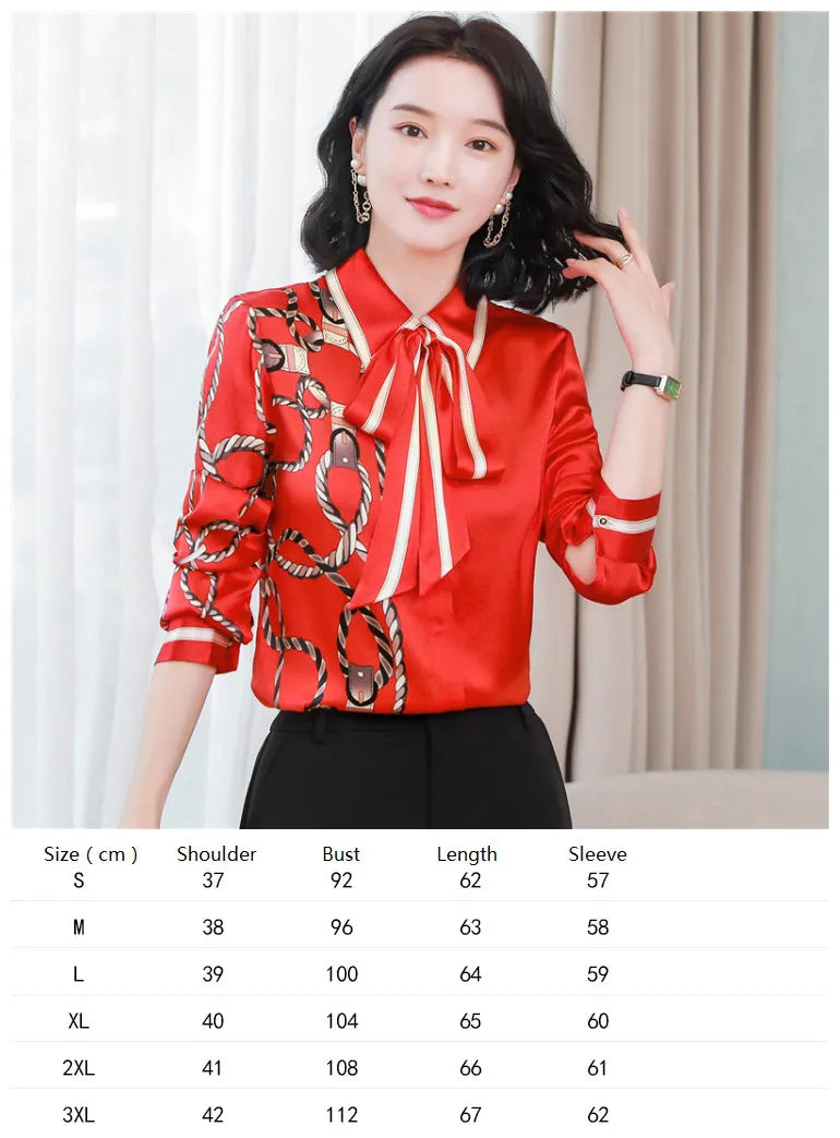 Ribbon Bow Women Silk Print Shirt Polka Dot Long Sleeve Button Up Blouses Office Ladies Casual Shirts Spring Autumn Designer Blouse Fine Elegant Tops Woman
