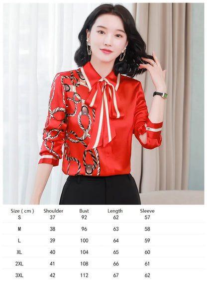 Ribbon Bow Women Silk Print Shirt Polka Dot Long Sleeve Button Up Blouses Office Ladies Casual Shirts Spring Autumn Designer Blouse Fine Elegant Tops Woman