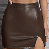 vlovelaw  PU Leather Bodycon Pencil Skirts, Side Split Casual Mini Skirts For Spring, Women's Clothing