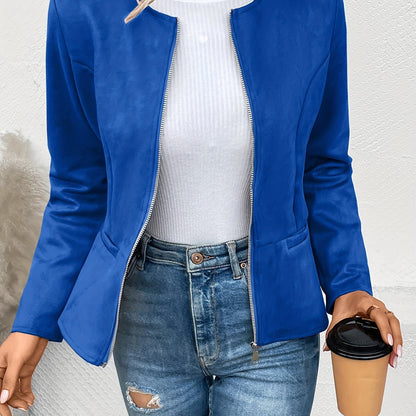 vlovelaw Solid Zip Up Jacket, Casual Long Sleeve Crew Neck Outerwear For Spring & Fall, Women's Clothing