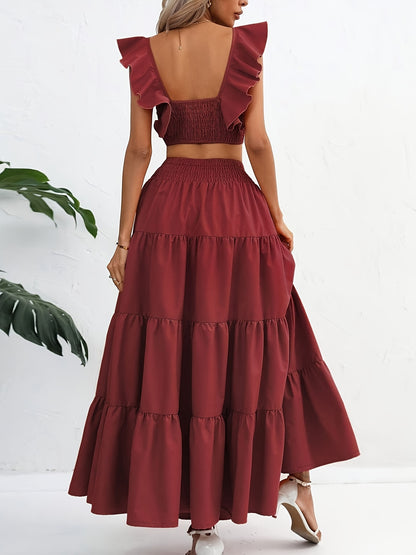 vlovelaw  Solid Ruffle Shirred Skirt Suits, Square Neck Flutter Sleeve Backless Crop Top & Elastic High Waist A-line Skirt Outfits, Women's Clothing
