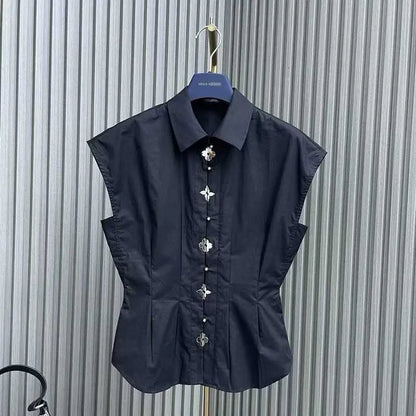 Women's Blouses & Shirts Designer Brand High Set Placket, Hand Sewn Hardware, Metal Label, Waist Collection, Slimming Shirt, New Sleeveless Collar Shirt for Summer 88L5
