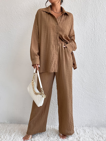 vlovelaw  Casual Textured Solid Two-piece Set, Long Sleeve Button Front Shirt & Straight Leg Pants Outfits, Women's Clothing