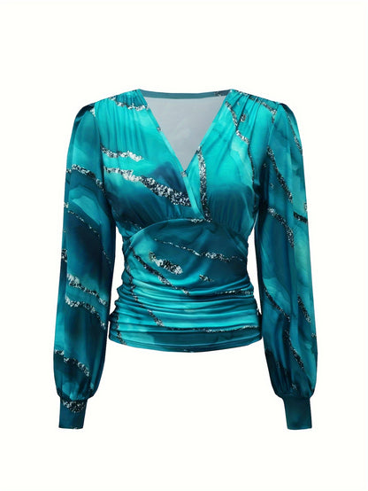 vlovelaw  Color Block Ruched T-Shirt, Casual V Neck Long Sleeve Top For Spring & Fall, Women's Clothing