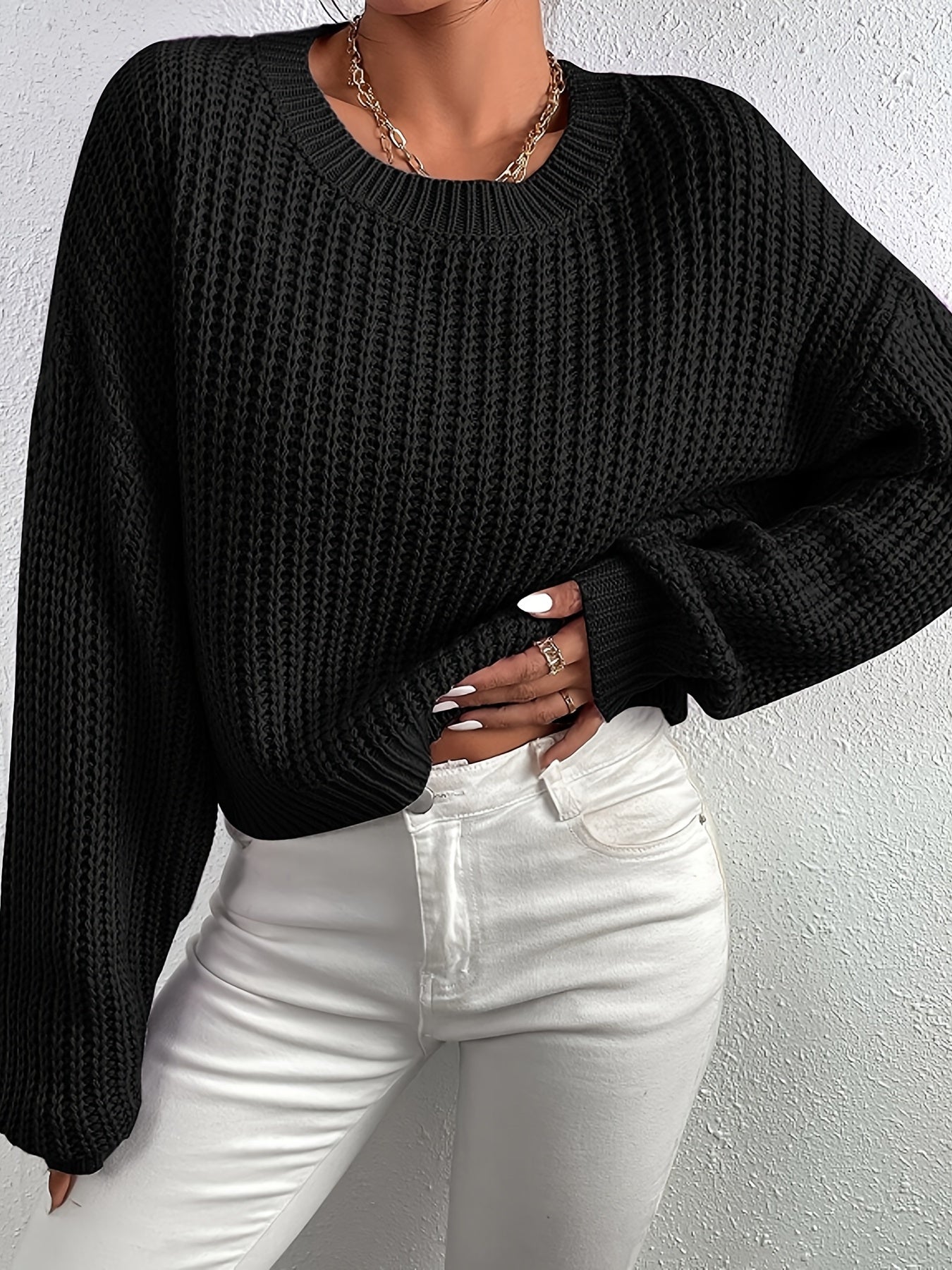 vlovelaw  Crew Neck Rib Knit Sweater, Casual Drop Shoulder Oversized Long Sleeve Loose Fall Winter Knit Sweater, Women's Clothing