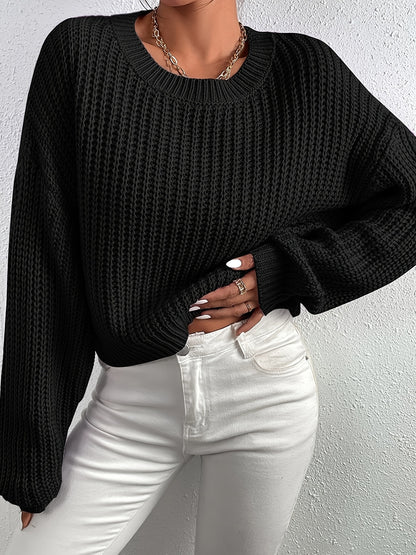 vlovelaw  Crew Neck Rib Knit Sweater, Casual Drop Shoulder Oversized Long Sleeve Loose Fall Winter Knit Sweater, Women's Clothing