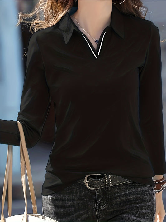 vlovelaw  Notch Neck Lapel T-Shirt, Casual Long Sleeve T-Shirt For Spring & Fall, Women's Clothing
