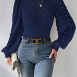 vlovelaw  Swiss Dot Mock Neck Blouse, Casual Long Lantern Sleeve Blouse For Spring & Fall, Women's Clothing