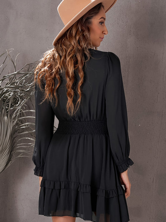 vlovelaw Lantern Sleeve V-neck Tie Dress, Elegant Solid Long Sleeve Layered Dress, Women's Clothing