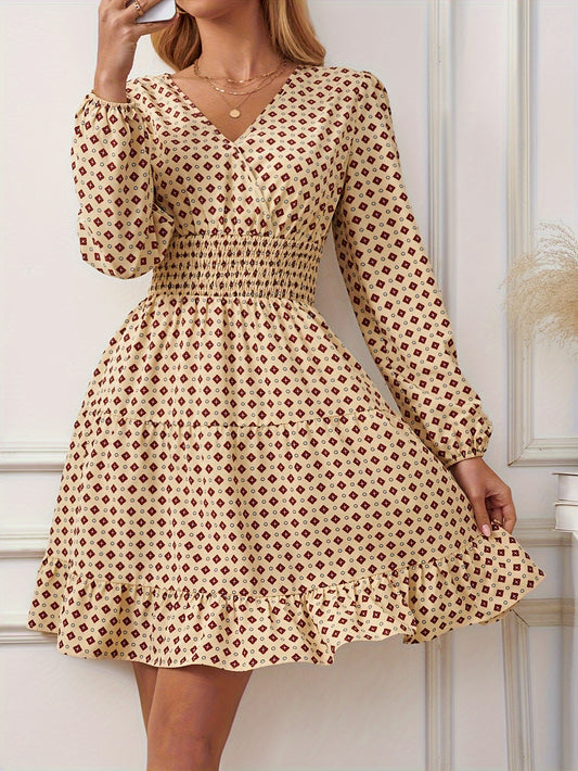 vlovelaw Allover Print Tiered Ruffle Dress, Vintage Long Sleeve Surplice Neck Dress, Women's Clothing
