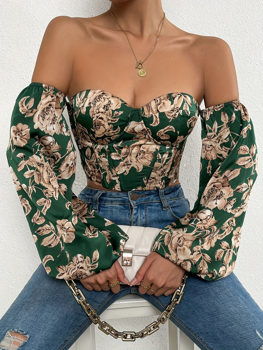 vlovelaw Floral Print Off Shoulder Blouse, Casual Long Sleeve Blouse For Spring & Fall, Women's Clothing