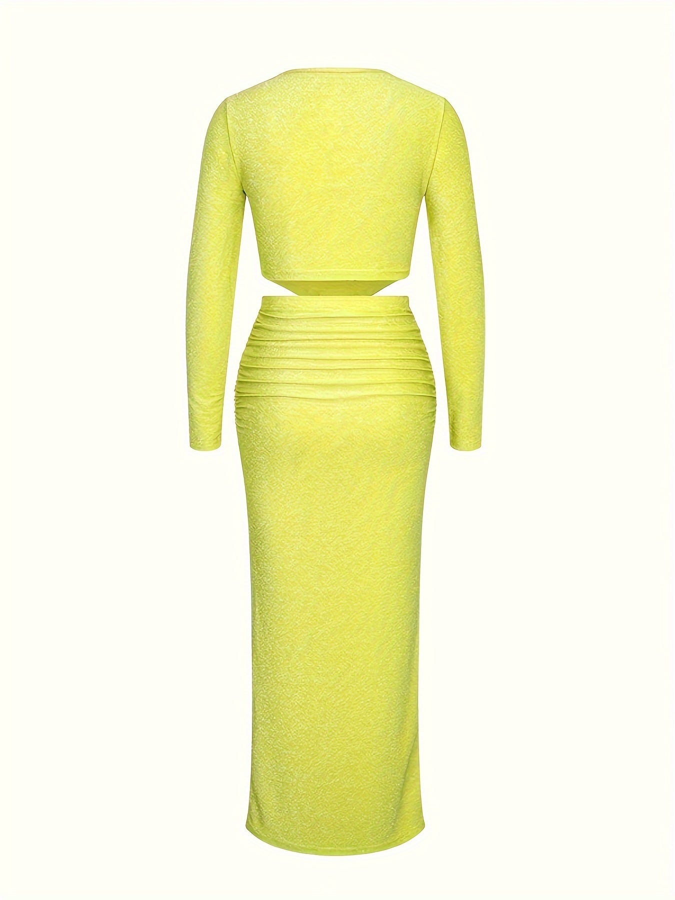 vlovelaw  Solid Color Two-piece Skirt Set, Crew Neck Long Sleeve Top & Skinny Ruched Skirts Outfits, Women's Clothing