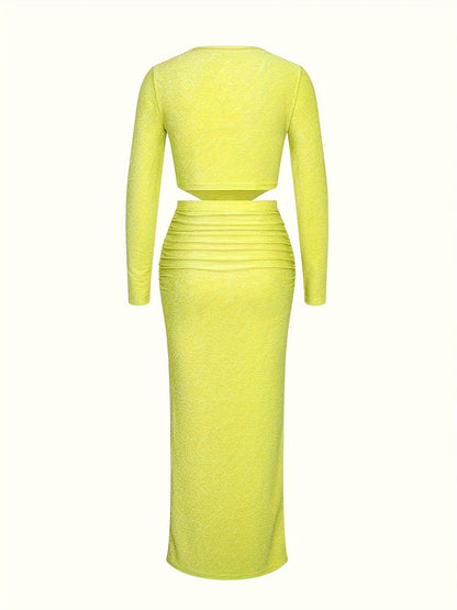 vlovelaw  Solid Color Two-piece Skirt Set, Crew Neck Long Sleeve Top & Skinny Ruched Skirts Outfits, Women's Clothing