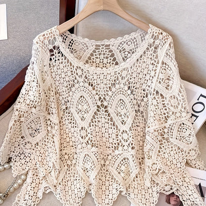 vlovelaw  Crochet Asymmetrical Hem Knitted Top, Casual Beach Wear Half Sleeve Summer Top, Women's Clothing