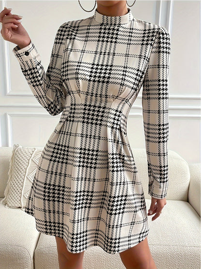 vlovelaw Plaid Pattern Mock Neck Dress, Elegant Long Sleeve Dress For Spring & Fall, Women's Clothing
