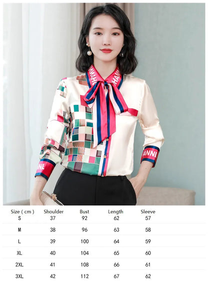 Ribbon Bow Women Silk Print Shirt Polka Dot Long Sleeve Button Up Blouses Office Ladies Casual Shirts Spring Autumn Designer Blouse Fine Elegant Tops Woman