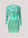 Elegant Plaid Matching  Two-piece Set, Crop Zip Up Jacket & Bodycon Skirt Outfits, Women's Clothing