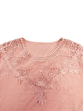 Plus Size Casual Top, Women's Plus Solid Contrast Lace Bell Sleeve Round Neck Medium Stretch Top