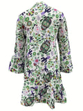vlovelaw  Floral Print Ruffle Hem Dress, Casual Button Front Long Sleeve Dress, Women's Clothing