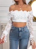 vlovelaw  Applique Off-shoulder Crop Top, Long Sleeve Slim Top For Spring & Summer, Women's Clothing