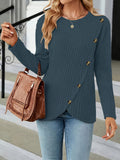 Plus Size Casual Top, Women's Plus Solid Ribbed Long Sleeve Round Neck Wrap Hem Medium Stretch Top