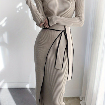 Contrast Trim Sweater Dress, Elegant Mock Neck Long Sleeve Dress, Women's Clothing
