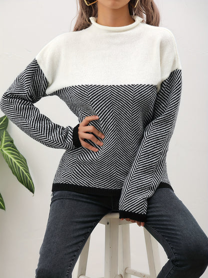 vlovelaw  Long Sleeve Elegant Loose Sweater, High Neck Casual Sweater For Winter & Fall, Women's Clothing