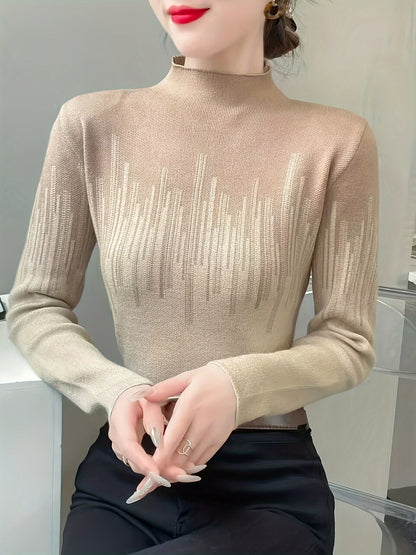 Color Block Mock Neck Pullover Sweater, Elegant Long Sleeve Slim Fashion Sweater, Women's Clothing