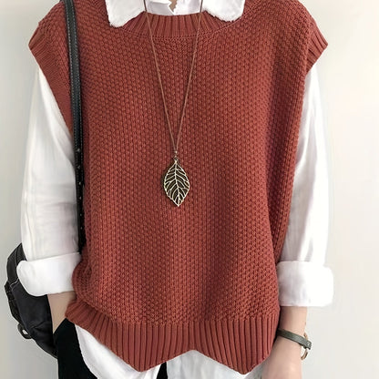 vlovelaw  vlovelaw  Solid Crew Neck Sweater Vest, Casual Sleeveless Vest For Spring & Fall, Women's Clothing