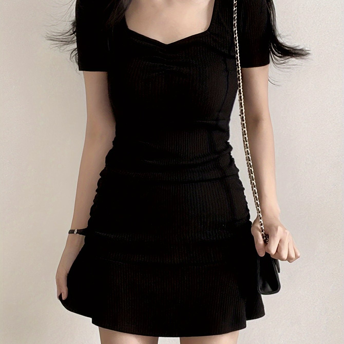 vlovelaw  Solid V Neck A-line Mini Dress, Chic Short Sleeve Dress For Spring & Summer, Women's Clothing