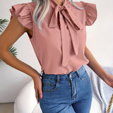 vlovelaw Bow Tie Flutter Sleeve Blouse, Elegant Sleeveless Solid Ruffle Trim Blouse, Women's Clothing