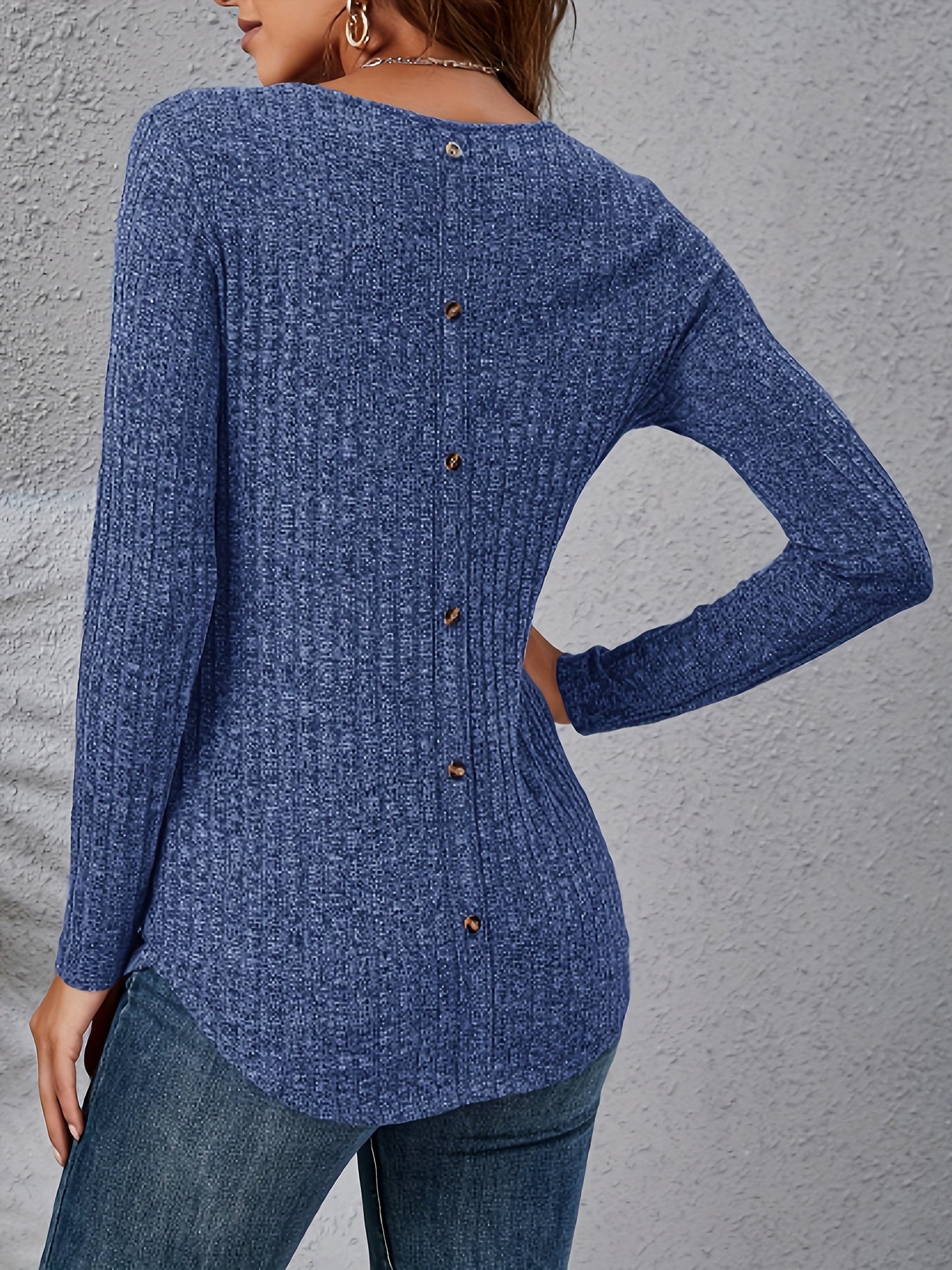 Long Sleeve Solid Color Crew Neck Casual T-shirt with Fake Buttons - Soft Mid-Elasticity Polyester Fabric, Regular Length, No Printing, Perfect for Spring and Fall Seasons
