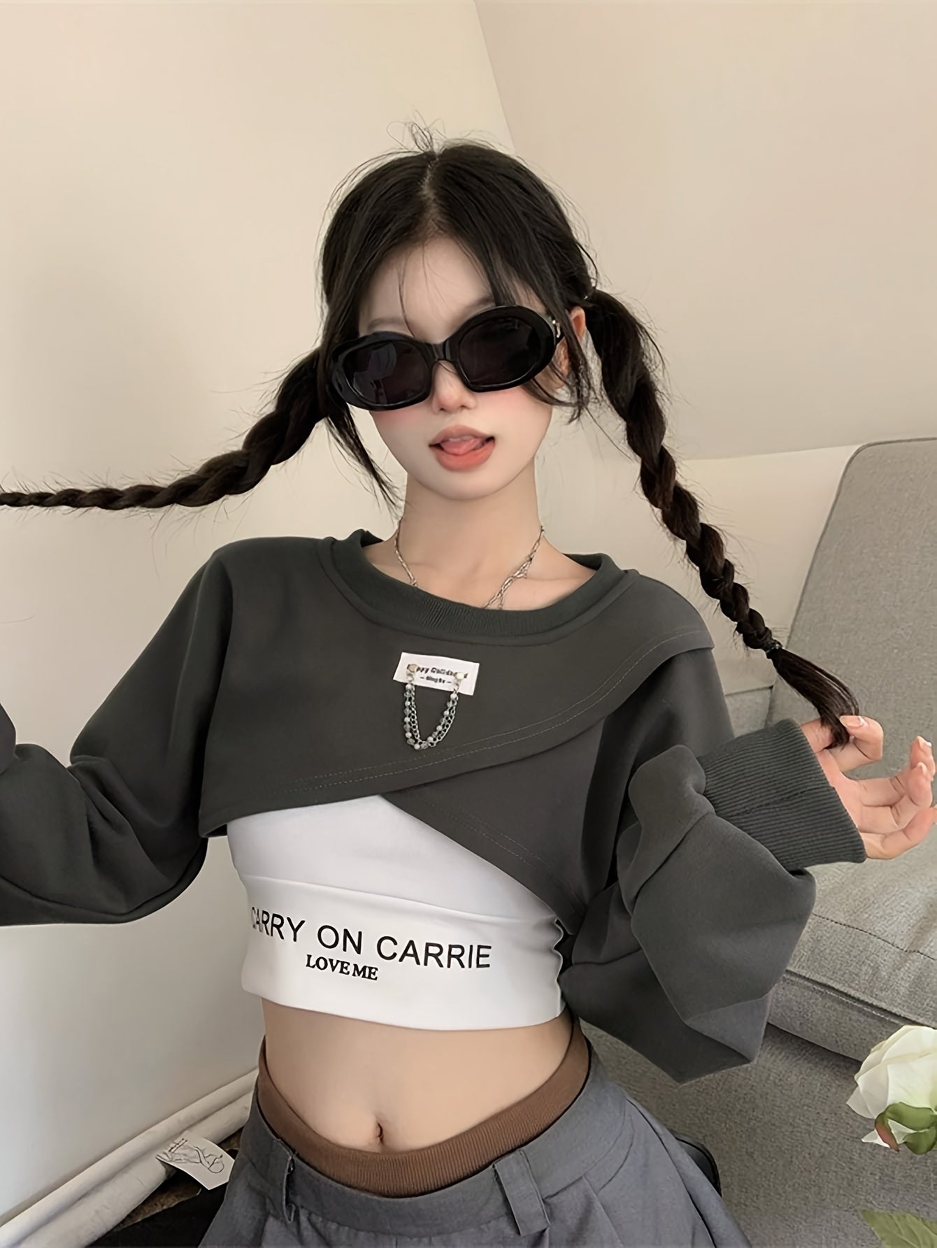 vlovelaw  Casual Two-piece Top Set, Crop Crew Neck Long Sleeve Sweatshirt & Letter Print Crop Summer Top, Women's Clothing