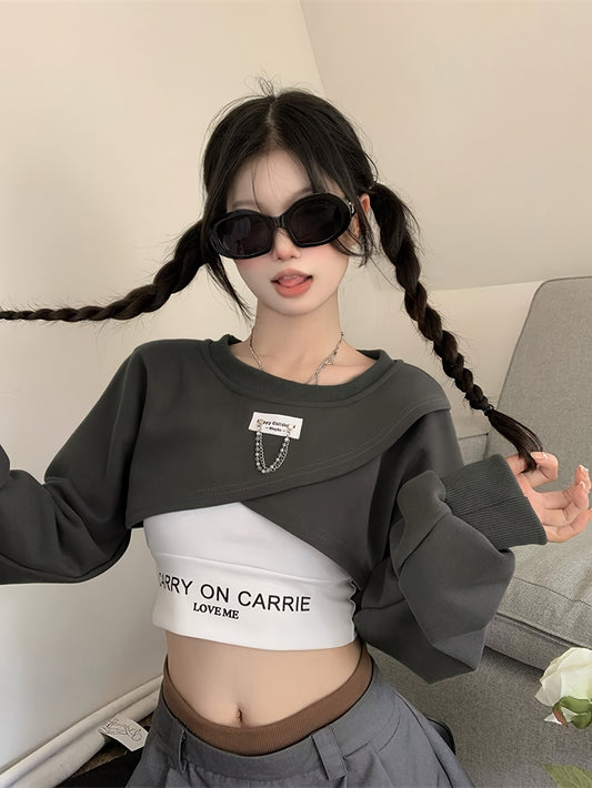 vlovelaw  Casual Two-piece Top Set, Crop Crew Neck Long Sleeve Sweatshirt & Letter Print Crop Summer Top, Women's Clothing