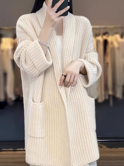 vlovelaw  Solid Open Front Knit Cardigan, Casual Long Sleeve Drop Shoulder Sweater With Pocket, Women's Clothing
