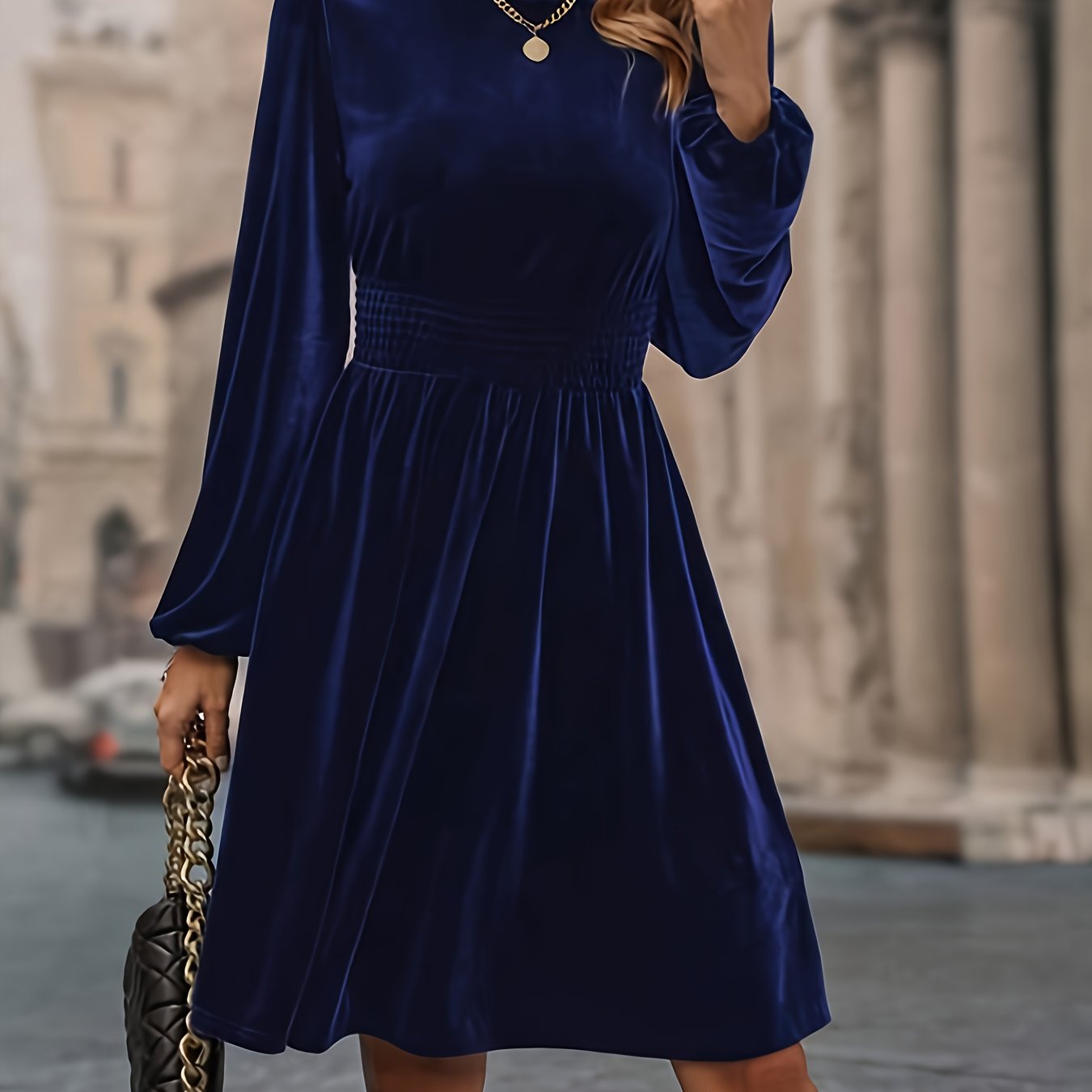 vlovelaw  Solid Shirred Knee Length Dress, Elegant Long Sleeve Mock Neck Dress, Women's Clothing