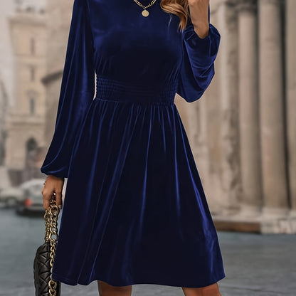 vlovelaw  Solid Shirred Knee Length Dress, Elegant Long Sleeve Mock Neck Dress, Women's Clothing