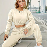 Solid Workout Two-piece Set, Cropped Long Sleeve Sweatshirt & Elastic Waist Jogger Pants Outfits, Women's Clothing