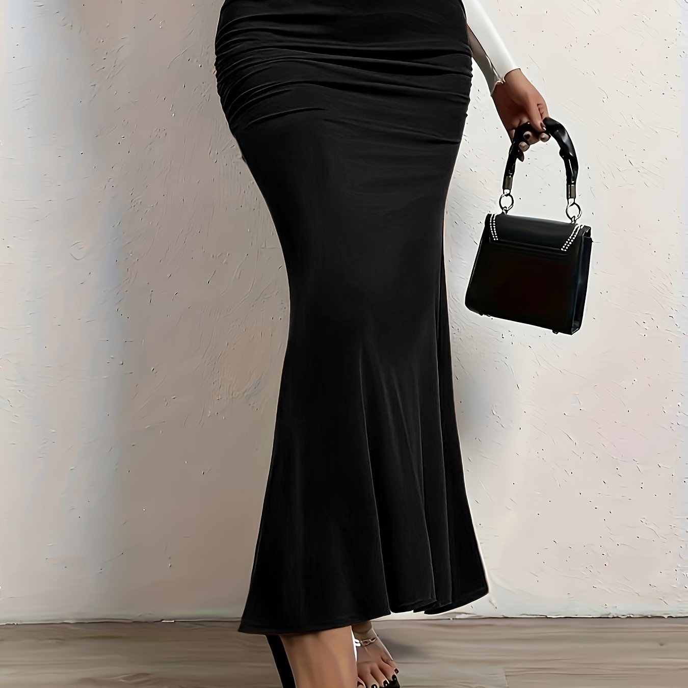 vlovelaw  Plus Size Sexy Skirt, Women's Plus Solid Side Ruched Elastic High Rise Medium Stretch Maxi Mermaid Skirt