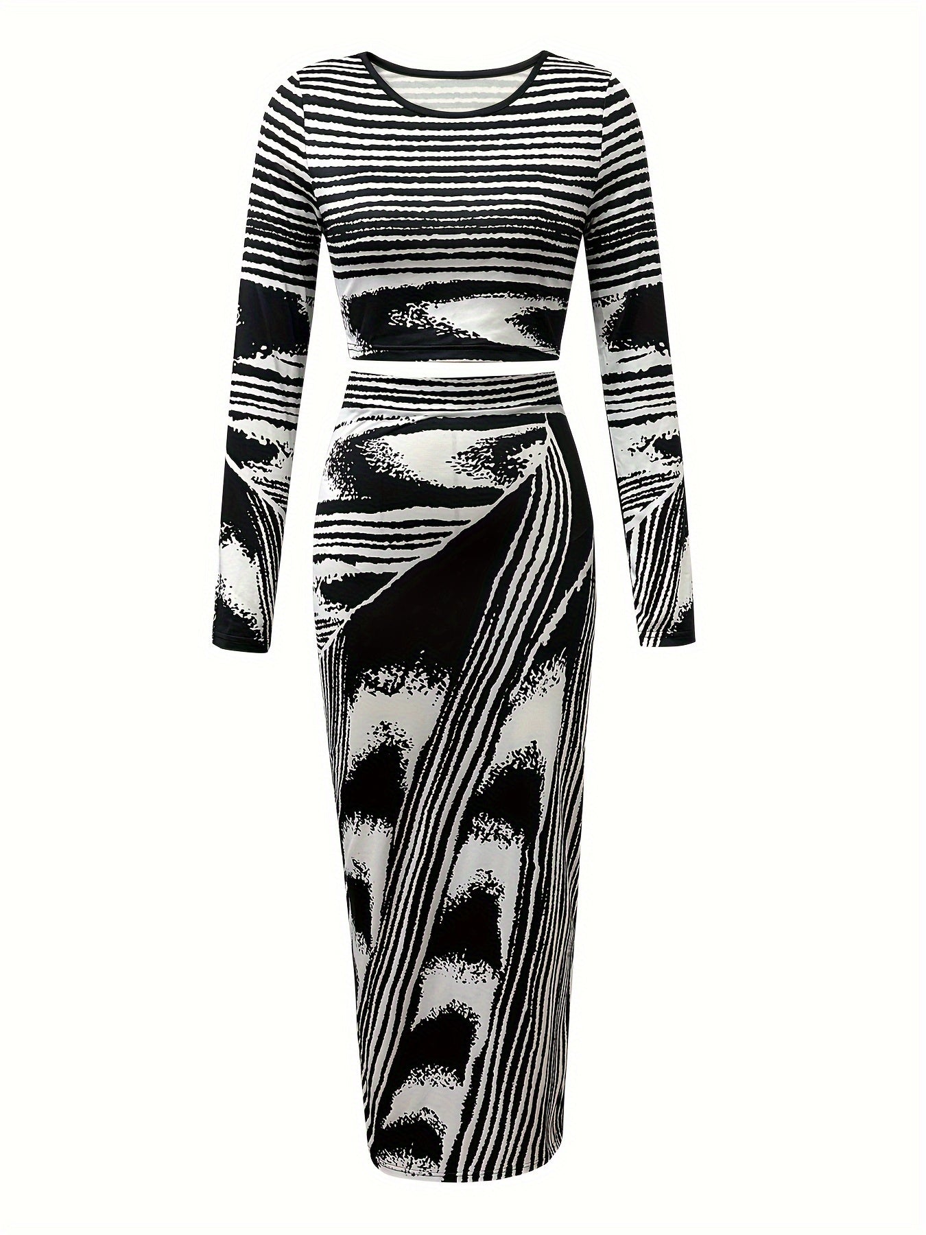 vlovelaw  Color Block Two-piece Set, Long Sleeve Crew Neck Crop Top & Ankle Length Slim Skirt Outfits, Women's Clothing