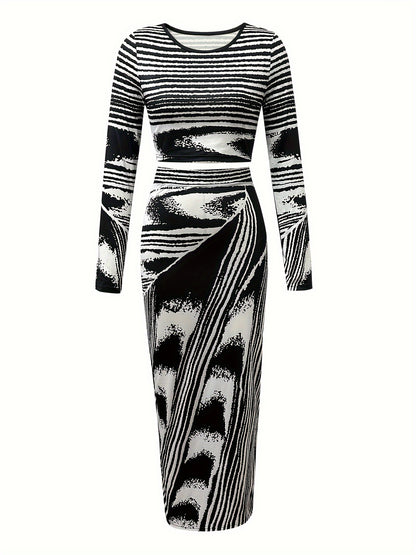 vlovelaw  Color Block Two-piece Set, Long Sleeve Crew Neck Crop Top & Ankle Length Slim Skirt Outfits, Women's Clothing
