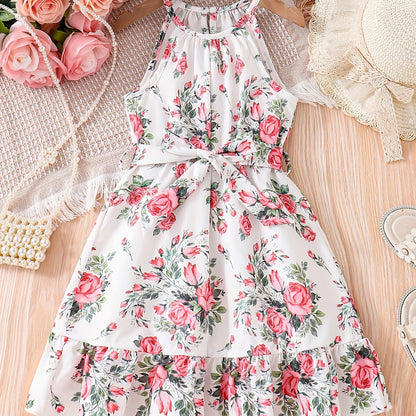 Adorable Vintage-Inspired Girls Floral Halter Dress - Flowy & Breathable for Summer Holidays, Perfect Festive Party Wear & Gift Idea