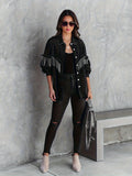 Black Fringe Decor Denim Jackets, Frayed Trim Long Sleeves Studded Street Style Denim Coats, Women's Denim Clothing