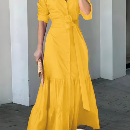 vlovelaw Solid Button Front Belted Dress, Elegant Ruched Sleeve Ruffle Trim Maxi Dress, Women's Clothing