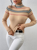 vlovelaw  Striped Turtle Neck Pullover Sweater, Casual Long Sleeve Slim Sweater For Fall & Winter, Women's Clothing