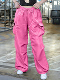 vlovelaw Plus Size Casual Pants, Women's Plus Solid Elastic Drawstring High Rise Loose Parachute Cargo Pants With Pockets